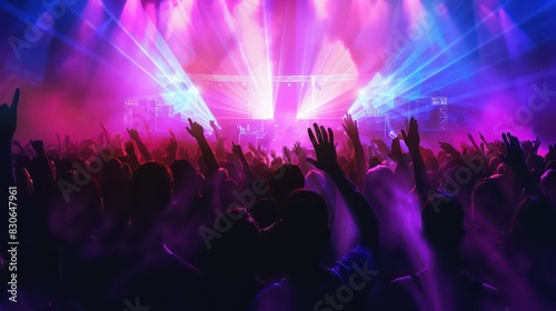 Capture the excitement of summer nightlife with a photo depicting the silhouettes of a crowd gathered at a festival stage, their silhouettes illuminated by the vibrant hues of stage light.