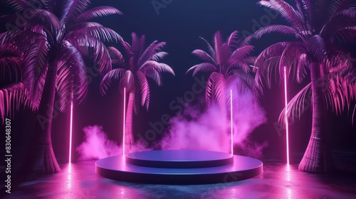 Create a visually dynamic photo featuring a 3D rendering of an empty product stand or podium surrounded by palm trees and neon lights against a dark backdrop. © sambath