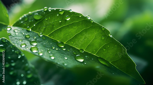Digital dew on green leaves poster background