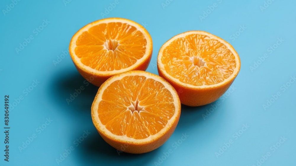fresh orange halves arranged on a vibrant blue background for food and beverage themes fresh orange halves arranged on a vibrant blue background for food and beverage themes