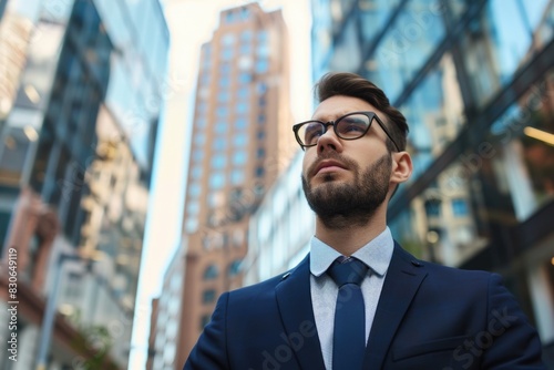 business man standing between huge buildings