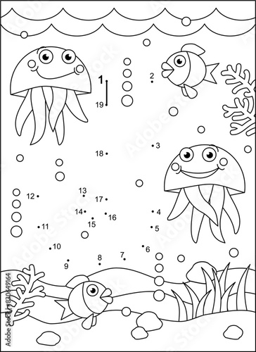 Letter J dot-to-dot activity sheet and coloring page. J is for jellyfish. J is for joy. 