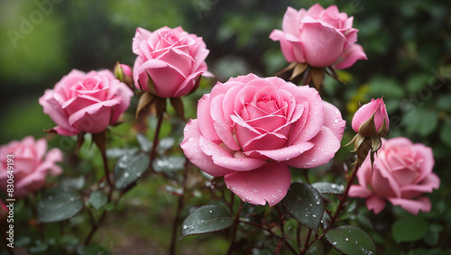 A pink rose is in the foreground