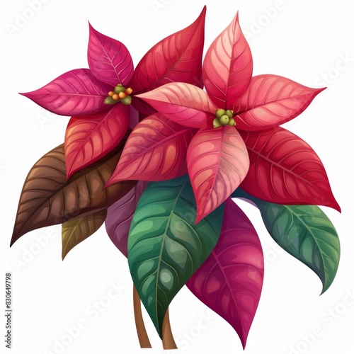 A striking red poinsettia plant is surrounded by vibrant green leaves on a crisp white background