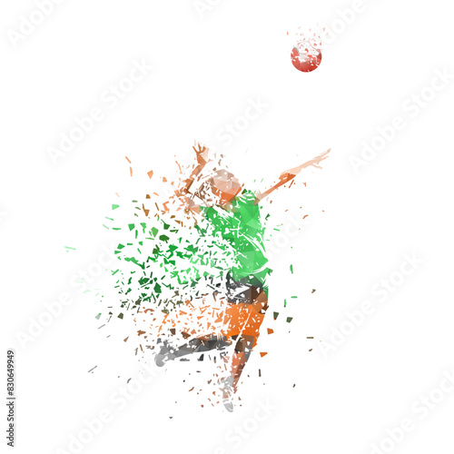 Volleyball player, woman, isolated low poly vector illustration with shatter effect, side view
