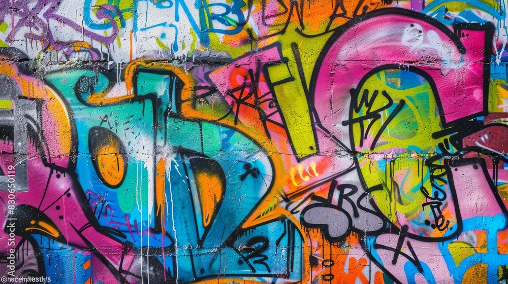 Street art mural full frame, vibrant colors, graffiti and text mix. Artistic expression through street art, bold colors and typography.