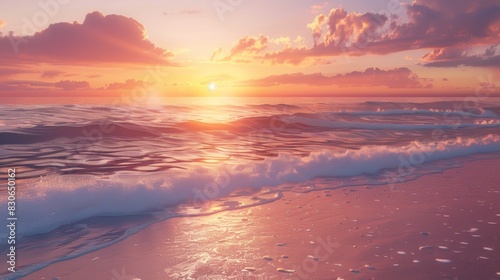 A secluded beach at sunset, with gentle waves lapping at the shore and vibrant orange and pink hues painting the sky.