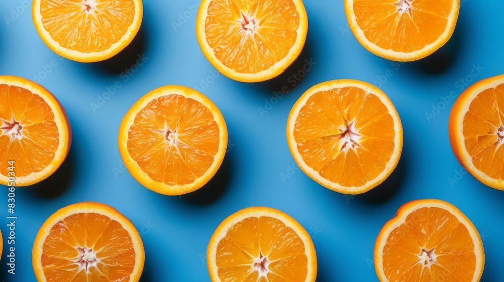 fresh orange halves arranged on a vibrant blue background for food and beverage themes fresh orange halves arranged on a vibrant blue background for food and beverage themes