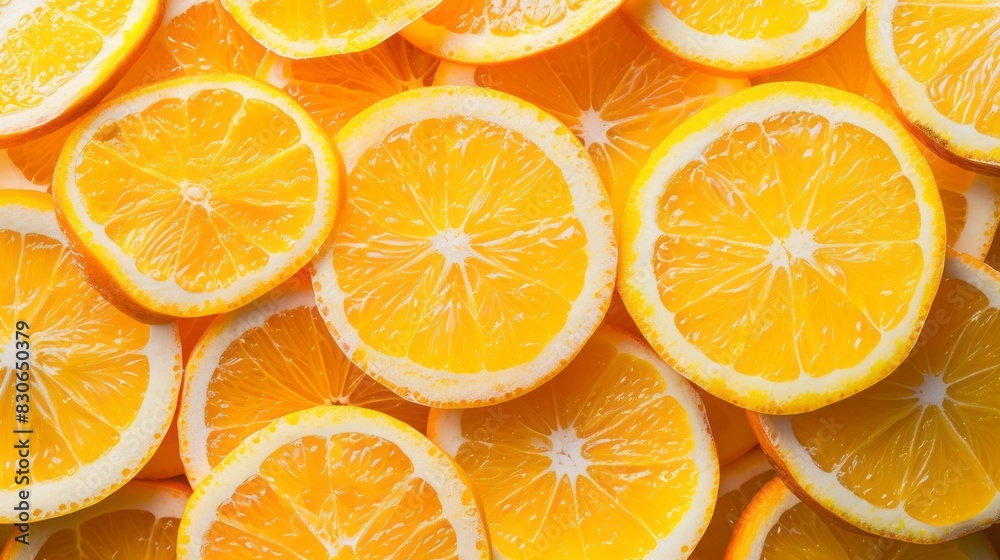 Vibrant citrus: fresh orange slices arranged as a background texture, ideal for summer themes, healthy eating concepts, and refreshing beverage advertisements Vibrant citrus: fresh orange slices arranged as a background texture, ideal for summer themes, healthy eating concepts, and refreshing beverage advertisements