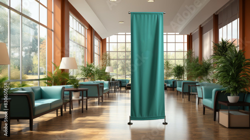Waiting room interior with blue curtain and green armchairs photo