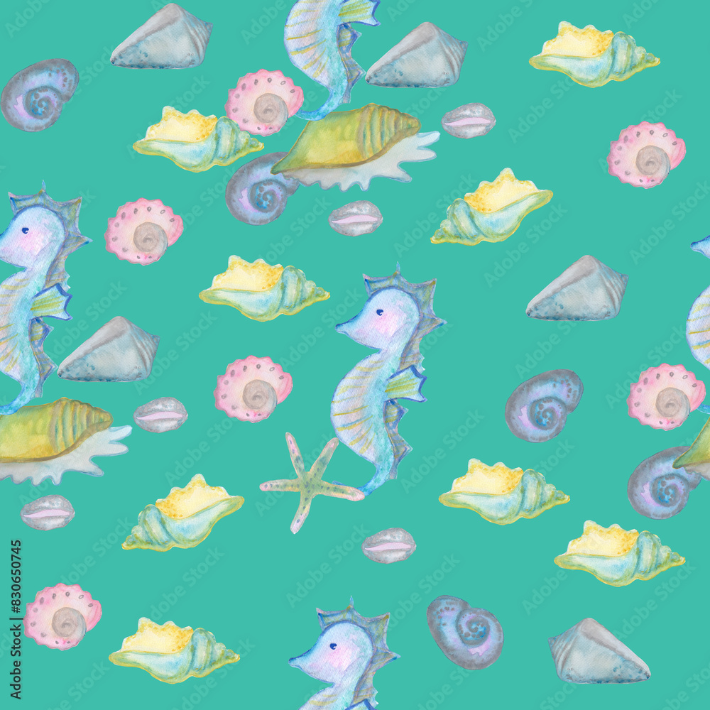 various seashells seahorse seamless pattern isolated on blue turquoise background watercolor illustration base for textile design, stickers, cards, banners. various seashells seahorse seamless pattern isolated on blue turquoise background watercolor illustration base for textile design, stickers, cards, banners.