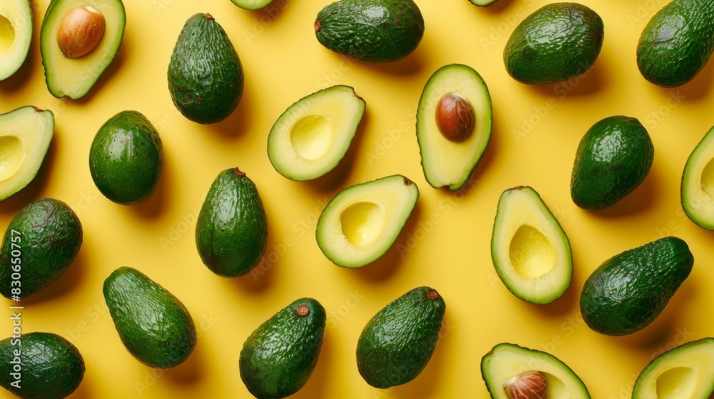 Playful avocado pattern slices and whole on a bright yellow background.
Playful avocado pattern slices and whole on a bright yellow background.