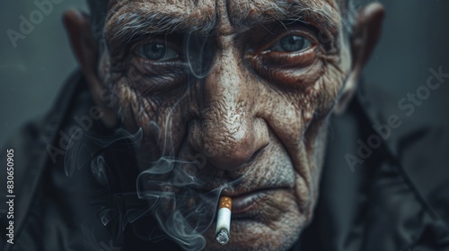Old man smokes with a sad expression, World No Tobacco Day