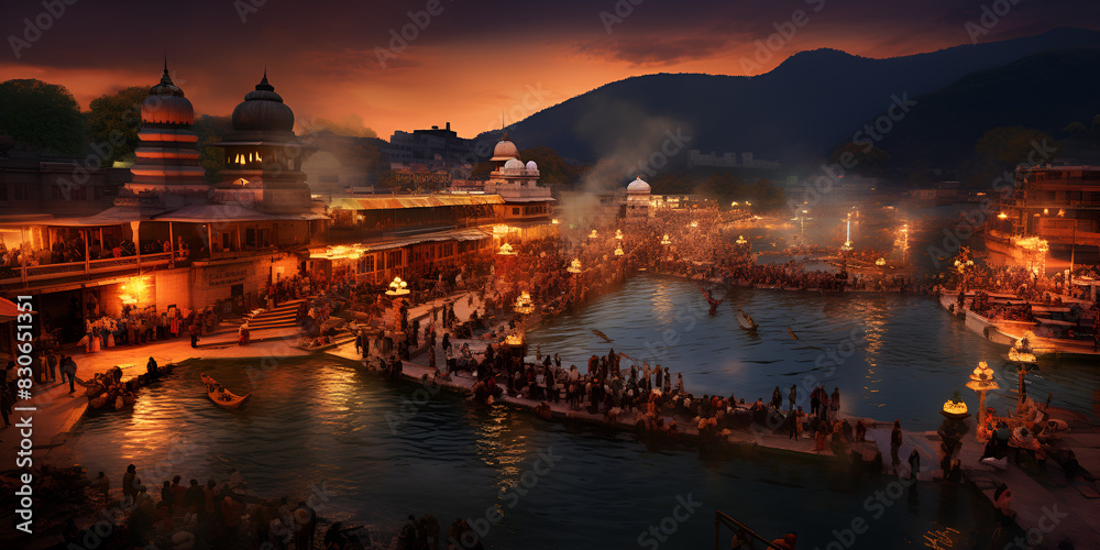 night view of the city.Ganga Bathing Ritual in Haridwar Amidst Mountain Vistas