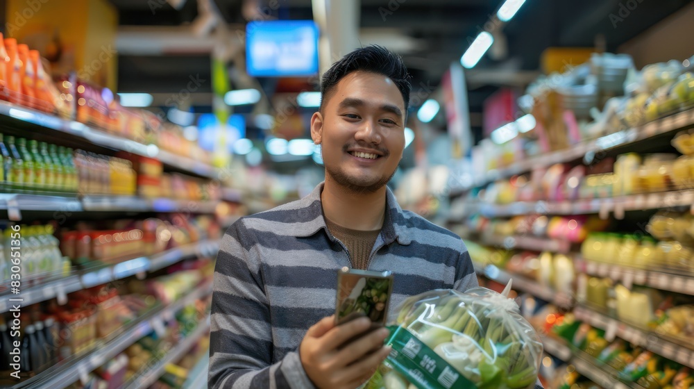 A cheerful man browsing his smartphone while shopping in a supermarket aisle, smiling at the camera with bags of groceries in his cart. 
