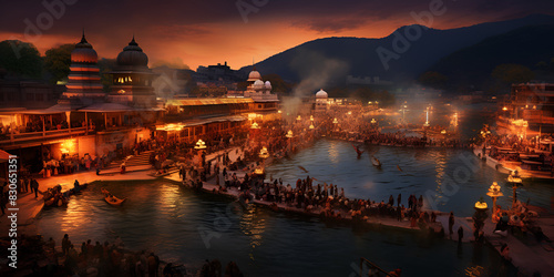 night view of the city.Ganga Bathing Ritual in Haridwar Amidst Mountain Vistas