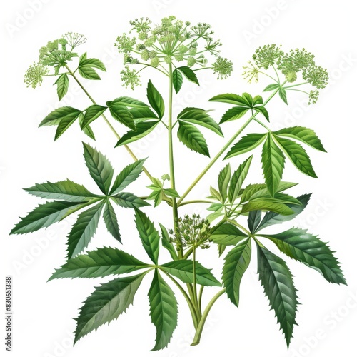 A detailed drawing of a Water Hemlock plant showcasing its leaves and flowers in an artistic portrayal