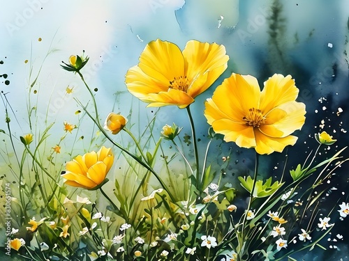 Beautiful yellow wildflowers against blue sky with clouds, nature landscape.	