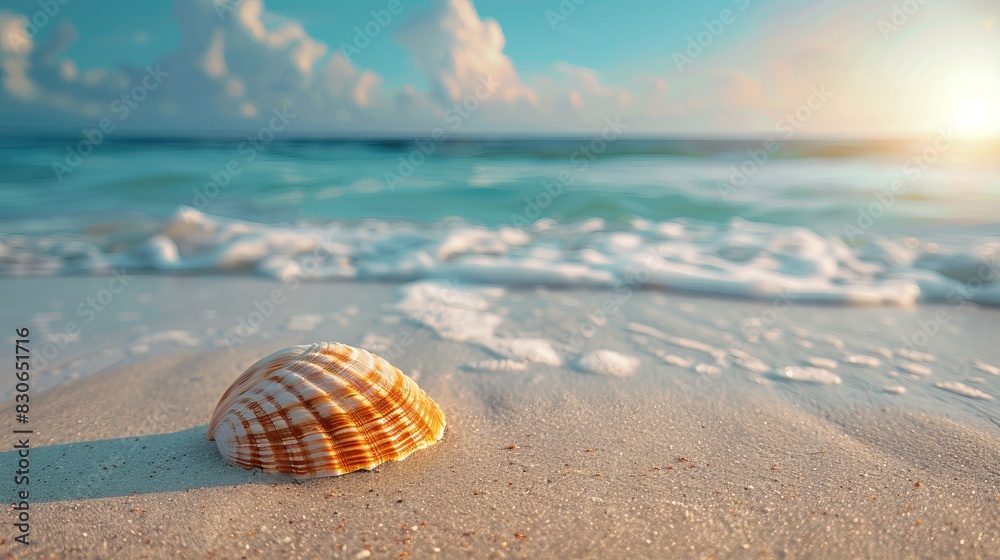 A lone seashell on a sandy beach with the ocean in the background. A lone seashell on a sandy beach with the ocean in the background.
