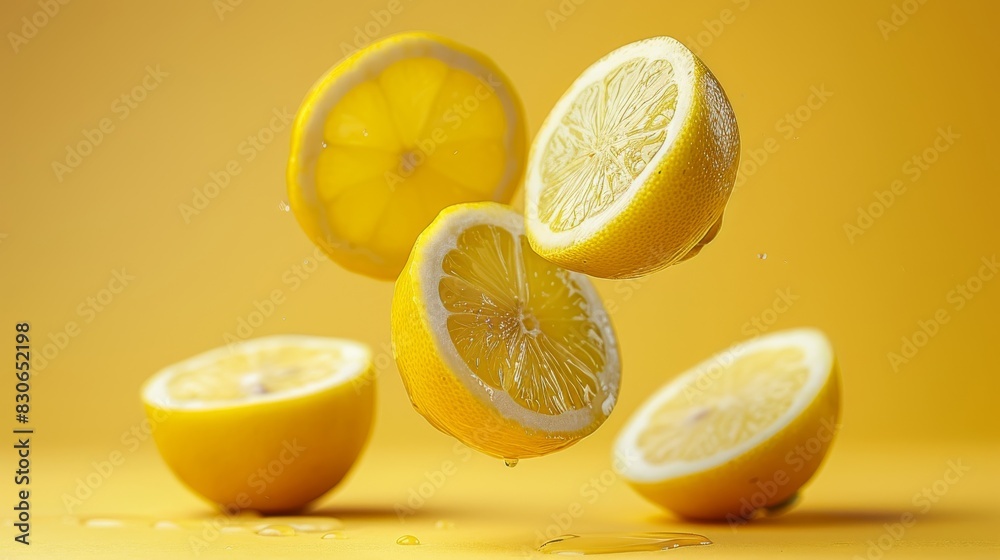 Slices of a single lemon levitating in a professional studio setting. Slices of a single lemon levitating in a professional studio setting.