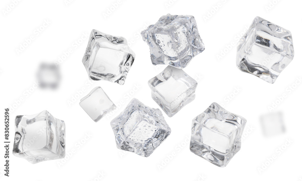 Many ice cubes in air on white background Many ice cubes in air on white background