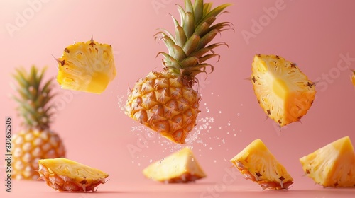 Freshly cut Pineapples levitating on pastel background.