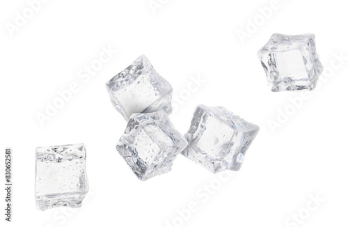 Many ice cubes in air on white background