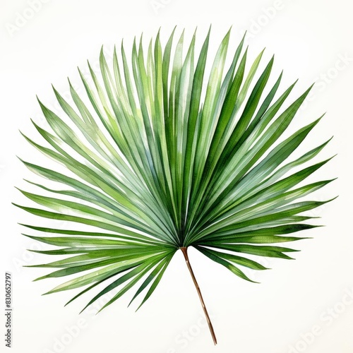 Watercolor painting of a tropical palm leaf, with a white background