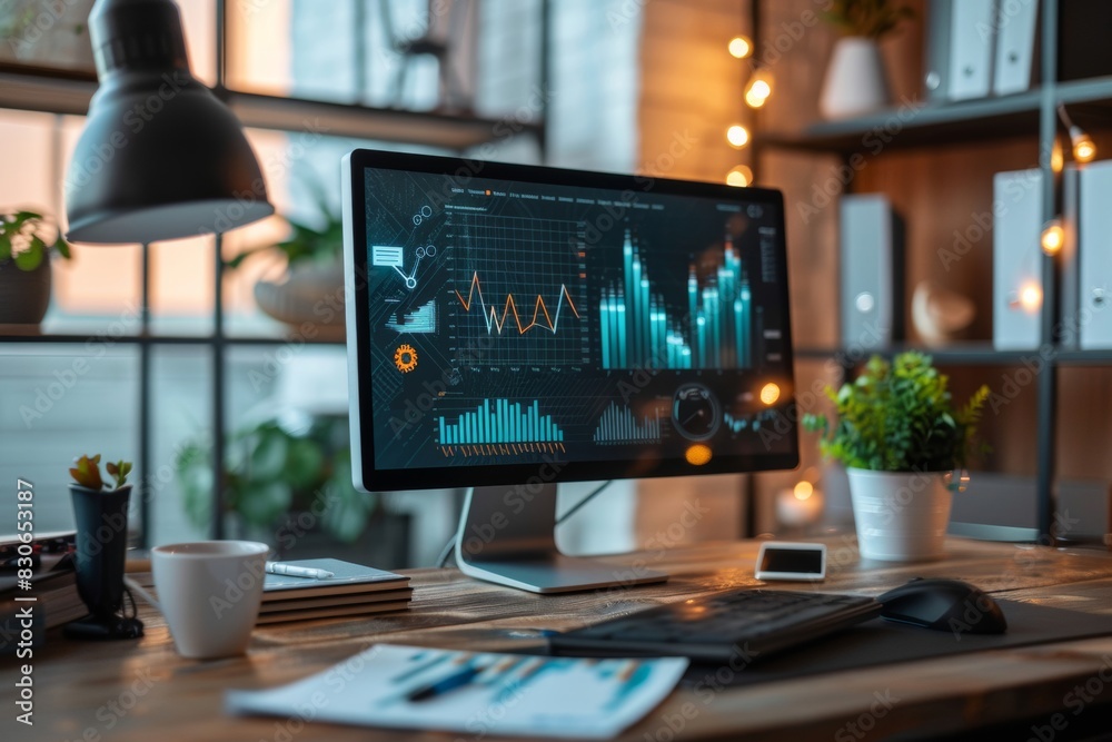 Naklejka premium Modern desk with computer showing business analysis graphs