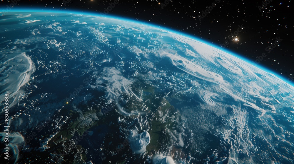 Fototapeta premium The Earth has a realistic geographic surface and a 3D cloud atmosphere with its orbit. View of the outer space of the world's planet Earth