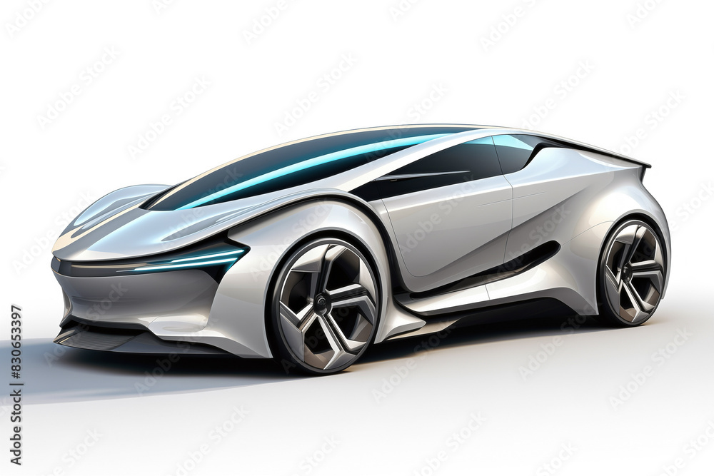 Sleek futuristic white sports car concept on display in studio lighting Sleek futuristic white sports car concept on display in studio lighting