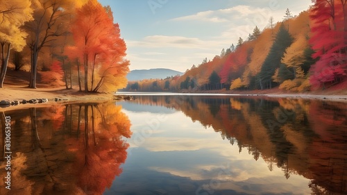A serene autumn lake surrounded by golden and red trees reflecting on the still water --ar 3:2 --v 4
