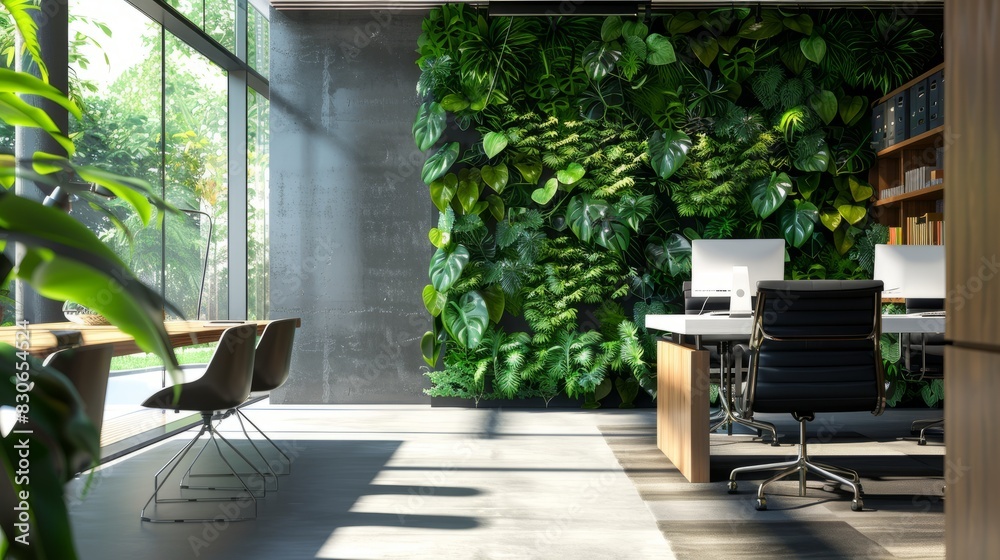 A modern, eco-friendly office environment promoting employee health, featuring a lush living green wall, natural light