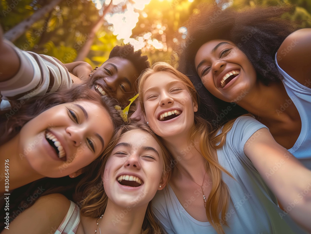 Fototapeta premium imagine Diverse group of young people celebrating estival day, guys and girls hugging together outdoors - Multiracial trendy friends standing on a rainbow 