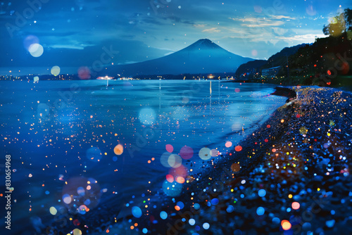 富士山と美しく光り輝く幻想的な海岸・浜辺