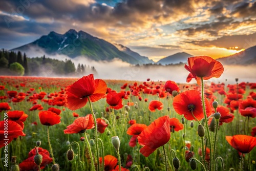 Close-up. A field of blooming bright red poppies against the background of the southern mountains. Nature and flowering. photo