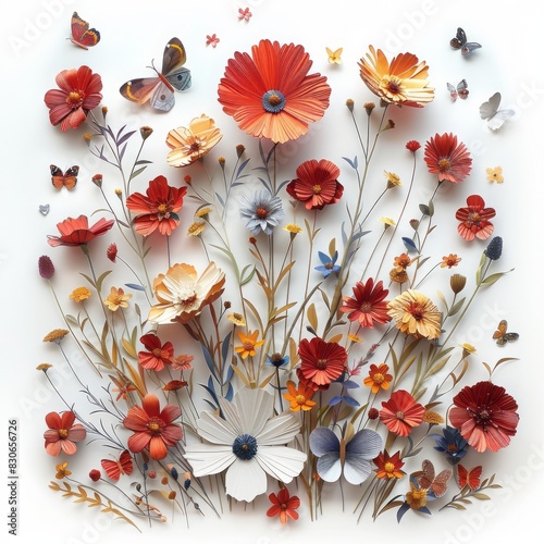  Handmade Wild Spring Flowers Paper Sculptures on White Background with Warm Soft Colors and Valentine Theme
 photo