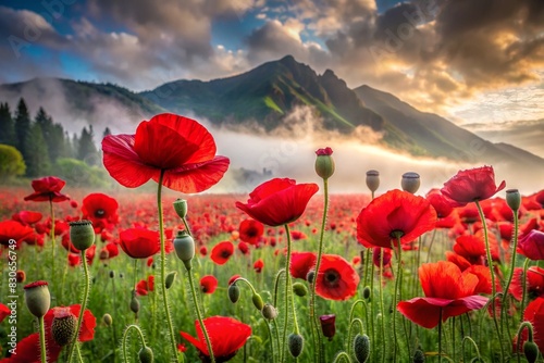 Close-up. A field of blooming bright red poppies against the background of the southern mountains. Nature and flowering.