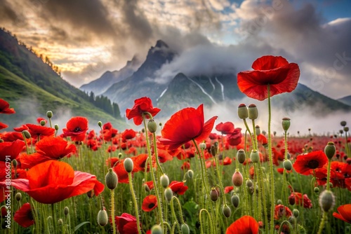 Close-up. A field of blooming bright red poppies against the background of the southern mountains. Nature and flowering. photo