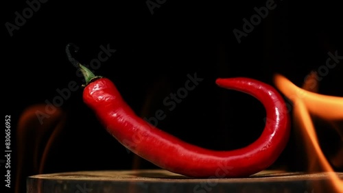 red chili pepper, on a background of burning fire, flames on a black background, hot and spicy spices
