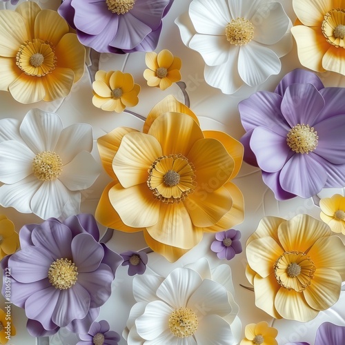 Stylish Yellow and Violet 3D Flowers on White Background