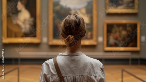 Back portrait of an adult woman looking at museum paintings in an old museum art gallery.