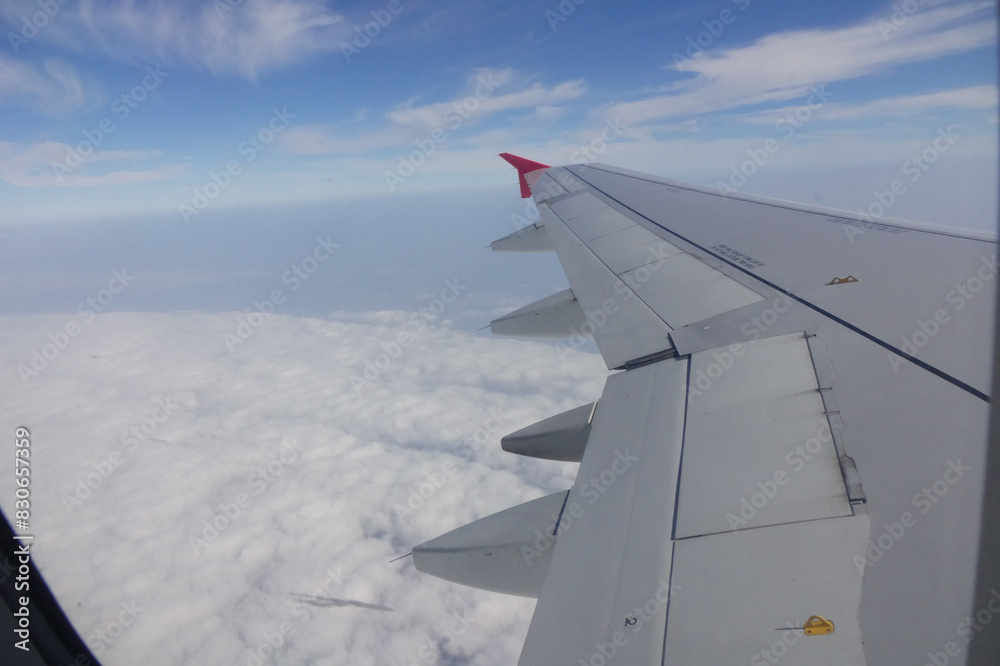 高層圏を飛行する航空機の翼模様遠景 高層圏を飛行する航空機の翼模様遠景