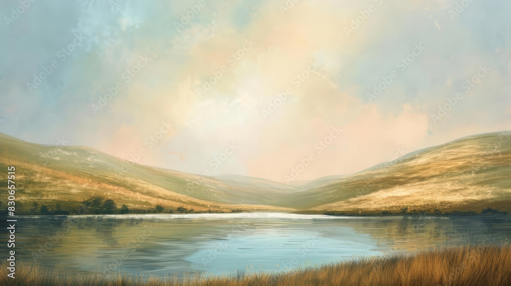 Soft pastel tones evoke peace in serene panorama background