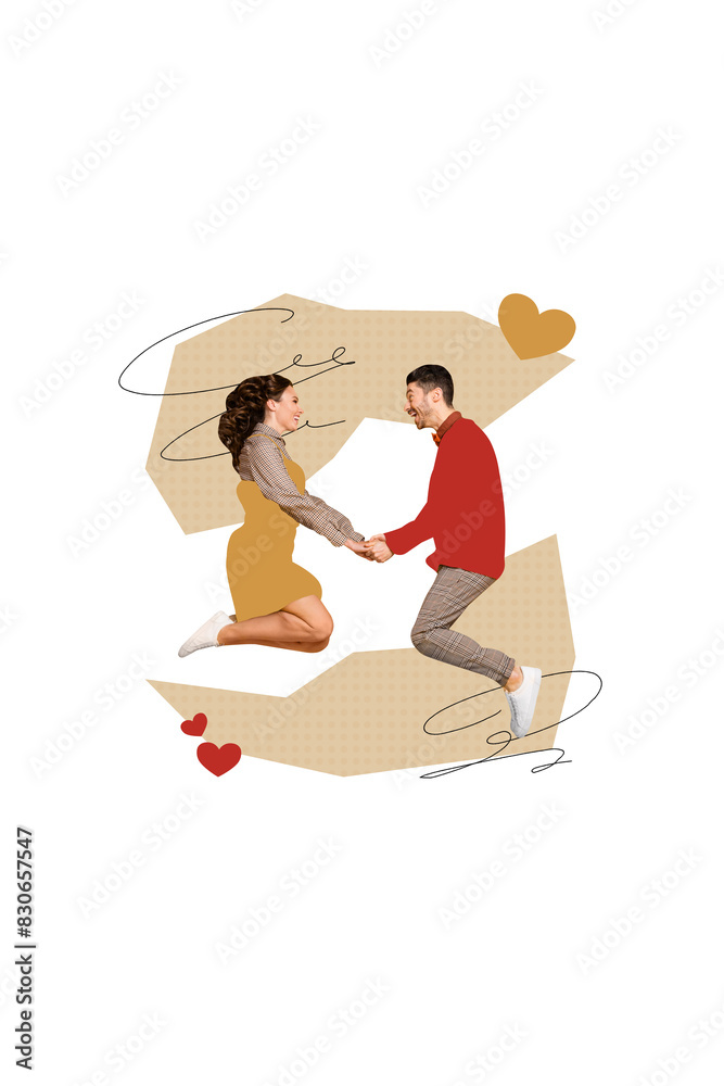 Obraz premium Picture collage poster of overjoyed cheerful people jump up hold hands celebrate wedding anniversary isolated on beige color background