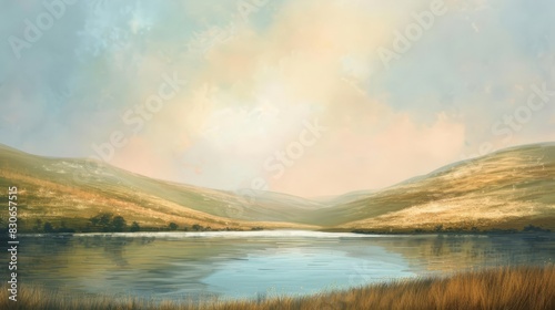 Soft pastel tones evoke peace in serene panorama background © javier