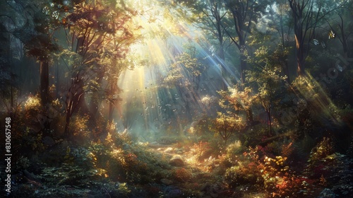 Symphony of light and color illuminates misty forest scene background © javier