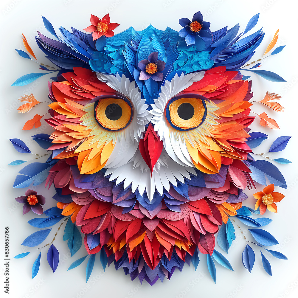 Fototapeta premium Colorful paper art owl with intricate feather details and floral embellishments isolated on a white background