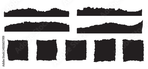 Jagged edge rectangle shapes, frames. Torn paper cut piece collection, isolated grunge border. Ripped strips set vector background illustration