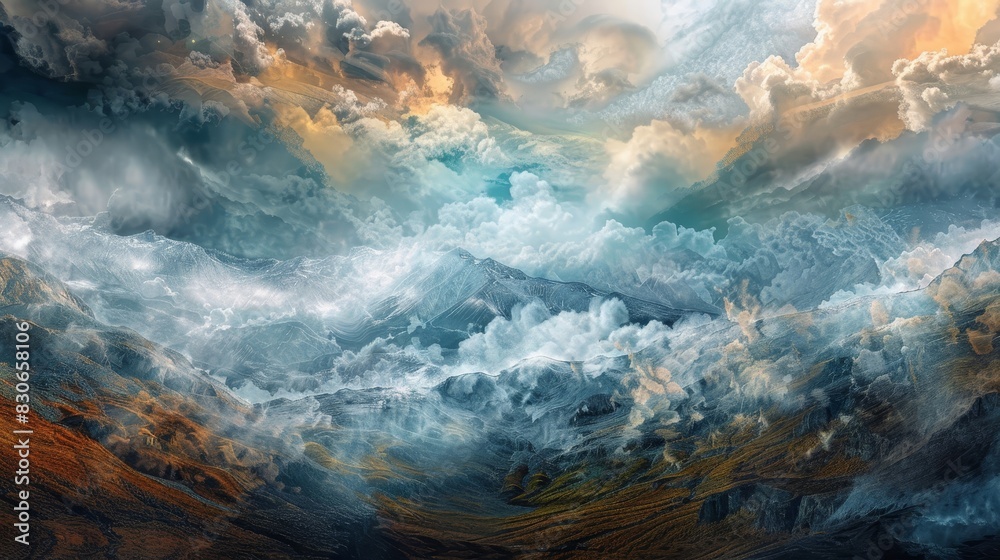 Boundaries blur in a surreal earth-sky fusion background